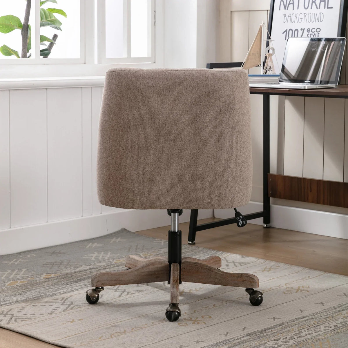 Nouveauté 2026 – Chaise de bureau pivotante à 360° , chaise de coiffeuse rembourrée avec base en bois massif et roulettes, hauteur réglable, idéale pour la chambre ou le salon, marron