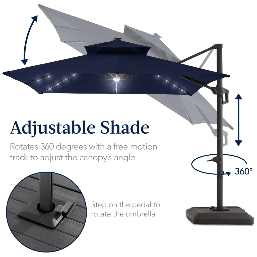 Nouveauté 2026 – Parasol déporté carré d'extérieur à deux niveaux, 3,66 m x 3,66 m, à éclairage solaire LED, avec base rotative à 360°, bleu marine, Best Choice Products