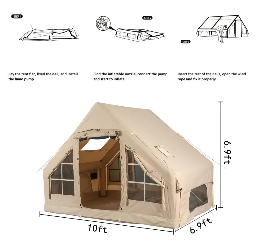 Nouveauté 2026 – Nouvelles tentes de camping gonflables avec pompe manuelle, tentes de glamping gonflables, installation facile, imperméables et coupe-vent, tente cabine Oxford 4 saisons avec fenêtre cheminée