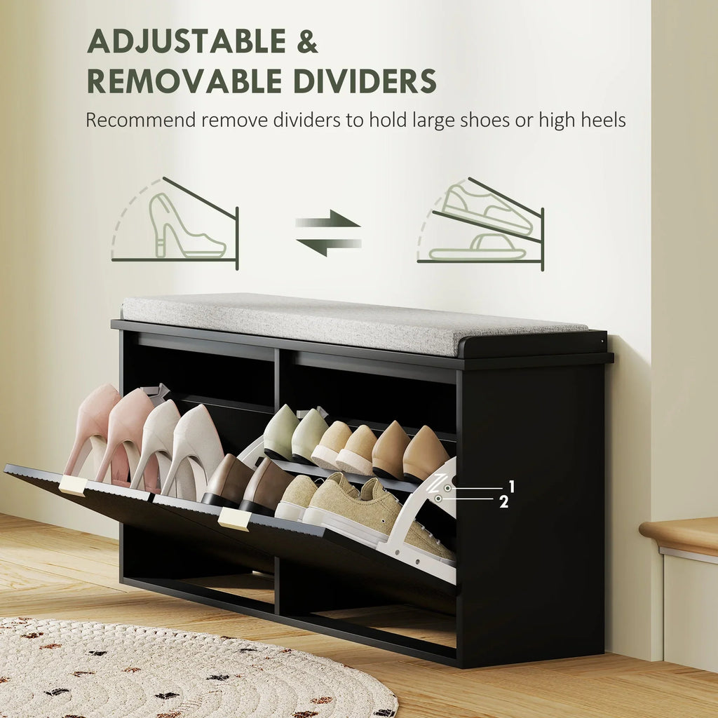 Nouveauté 2026 – Banc à chaussures HOMCOM avec assise rembourrée et tiroir rabattable, supportant jusqu'à 240 kg, 104 x 26 x 48 cm, noir