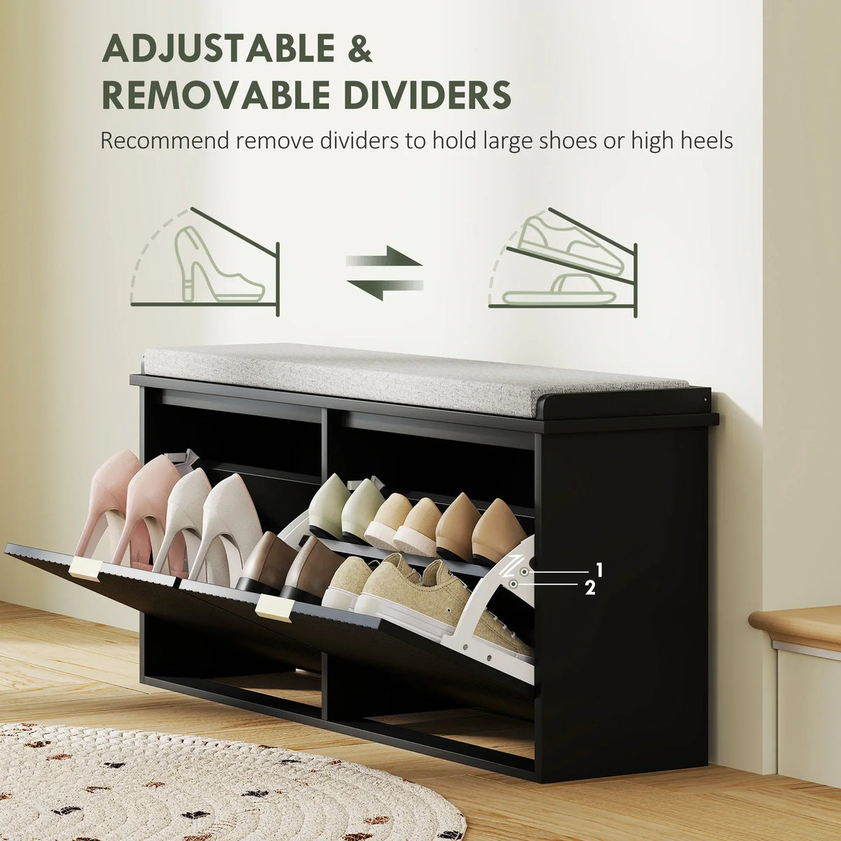 Nouveauté 2026 – Banc à chaussures HOMCOM avec assise rembourrée et tiroir rabattable, supportant jusqu'à 240 kg, 104 x 26 x 48 cm, noir