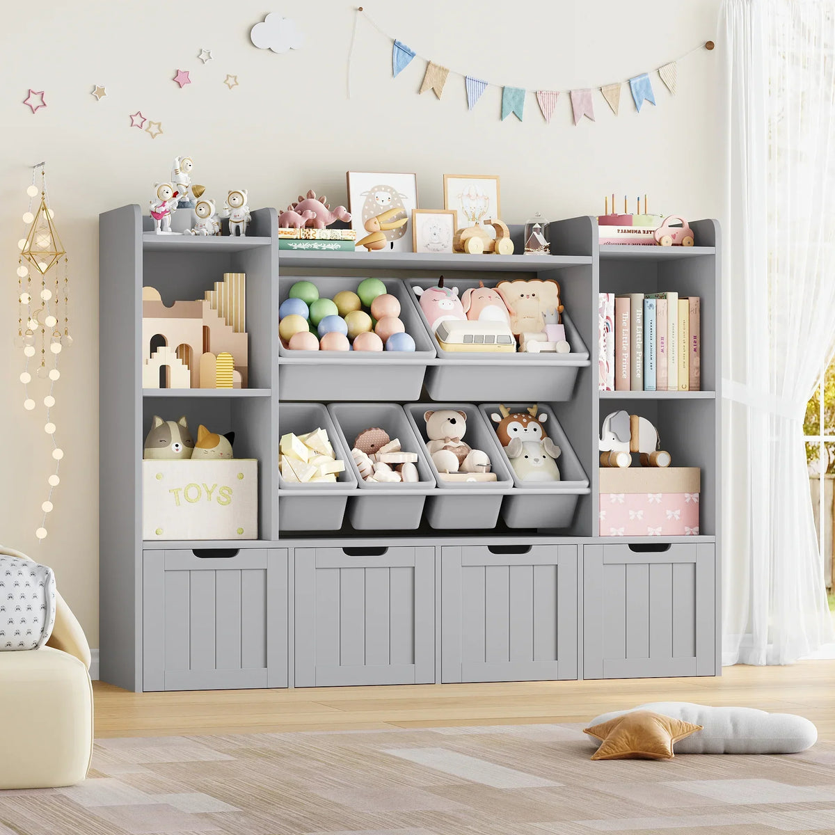 Nouveauté 2026 – Bibliothèque enfant Hiphuta à 3 niveaux avec rangement pour jouets, en bois, composée de 6 boîtes et 4 tiroirs amovibles, blanche