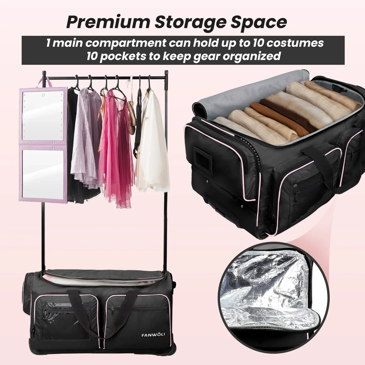Nouveauté 2026 – Sac de danse Fegat avec portant - Sac de danse pliable à roulettes de 71 cm (28 pouces) pour compétitions, danse, spectacles, streamers et athlètes. Valise légère à roulettes