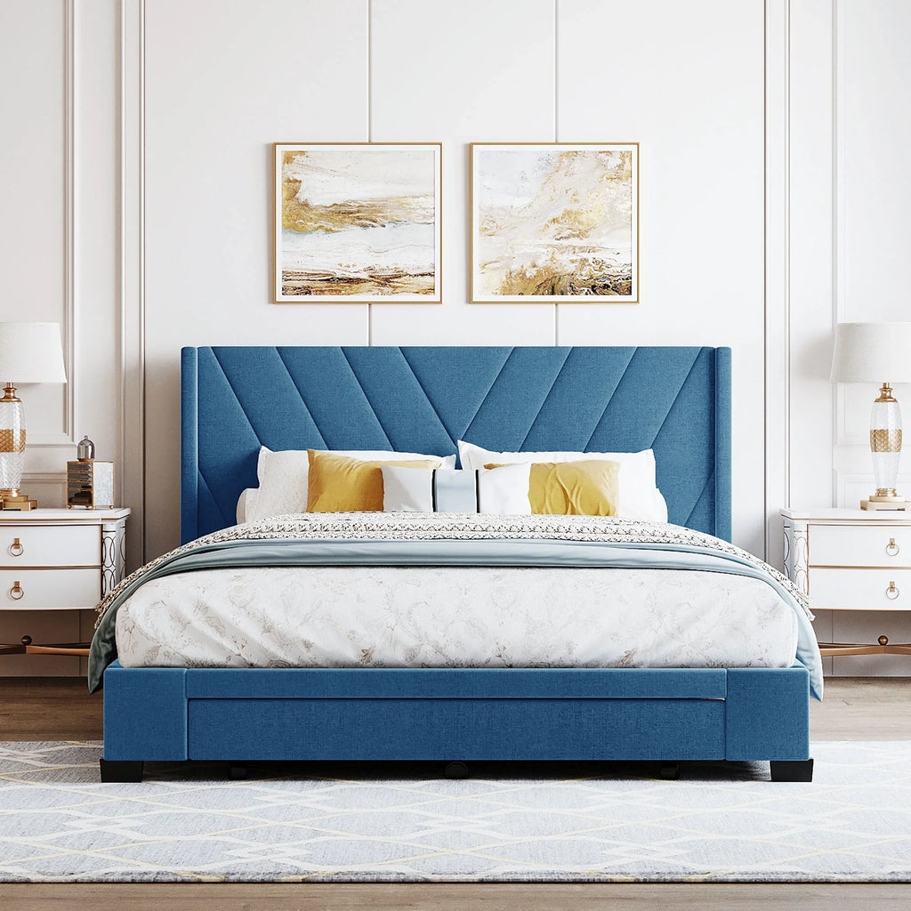 Nouveauté 2026 – Cadre de lit Queen Sesslife avec rangement, nouveau lit plateforme rembourré en lin amélioré avec 3 tiroirs, lit de rangement Queen avec tête de lit et lattes en bois, aucun sommier requis, supporte 227 kg, beige