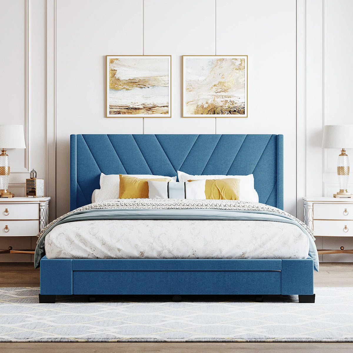 Nouveauté 2026 – Cadre de lit Queen Sesslife avec rangement, nouveau lit plateforme rembourré en lin amélioré avec 3 tiroirs, lit de rangement Queen avec tête de lit et lattes en bois, aucun sommier requis, supporte 227 kg, beige
