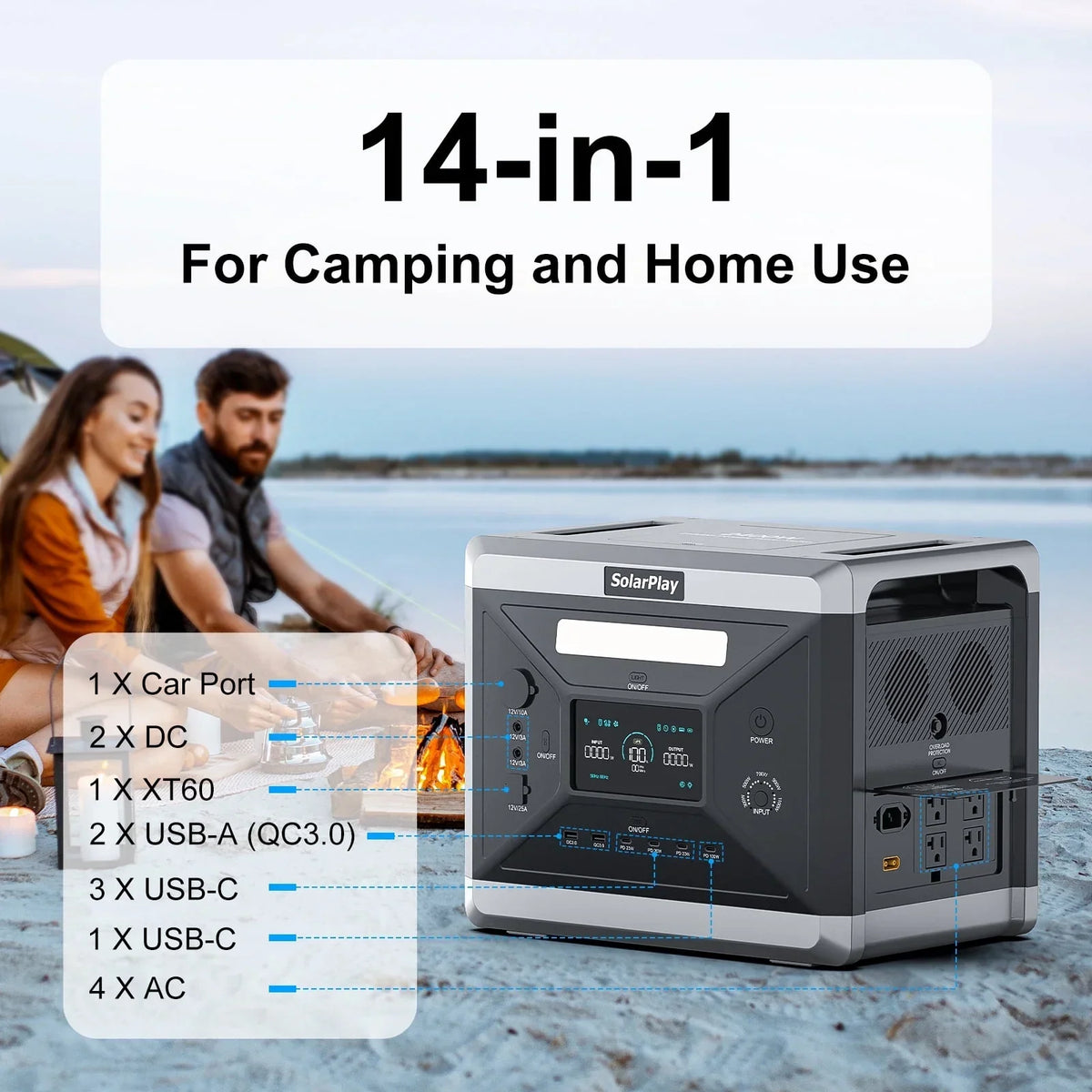 Nouveauté 2026 – Générateur solaire Solarplay 2400 W (4800 W en crête), avec panneau solaire de 400 W et batterie LiFePO4 portable de 2160 Wh, idéal pour le camping, la maison et les véhicules de secours