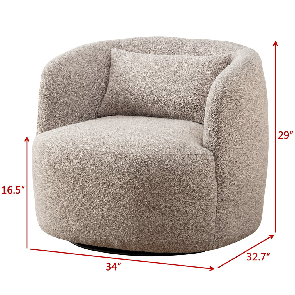 Nouveauté 2026 – Fauteuil pivotant rond 34" en bouclette de 86 cm de large, sans assemblage, avec coussin décoratif, idéal pour le salon et la chambre, couleur taupe