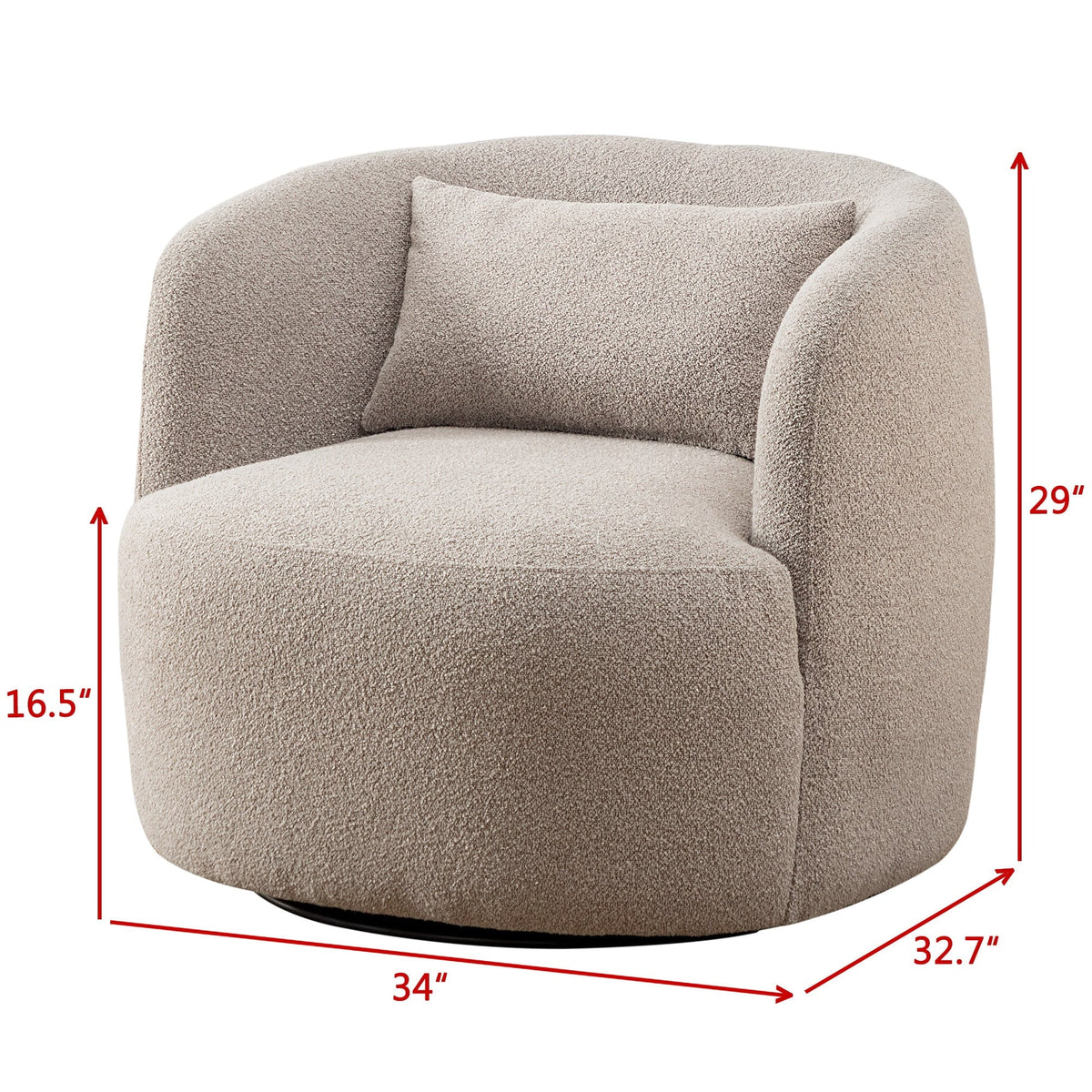 Nouveauté 2026 – Fauteuil pivotant rond 34" en bouclette de 86 cm de large, sans assemblage, avec coussin décoratif, idéal pour le salon et la chambre, couleur taupe