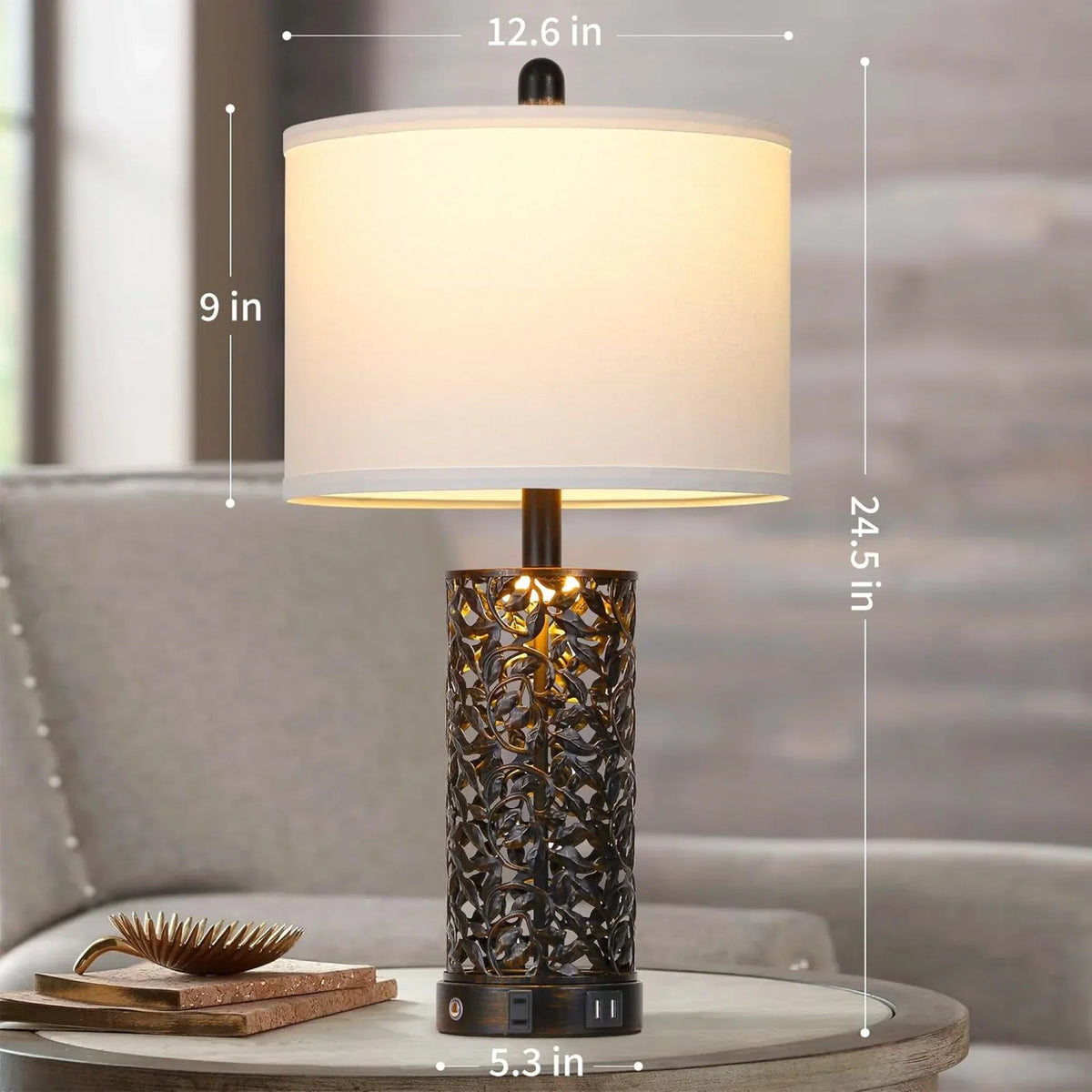 Nouveauté 2026 – Ensemble de 2 lampes de table Cinkeda pour salon et chambre à coucher, avec ports USB, prise secteur, intensité réglable à 3 niveaux, veilleuse tactile, style champêtre, motif floral blanc, lampes de chevet