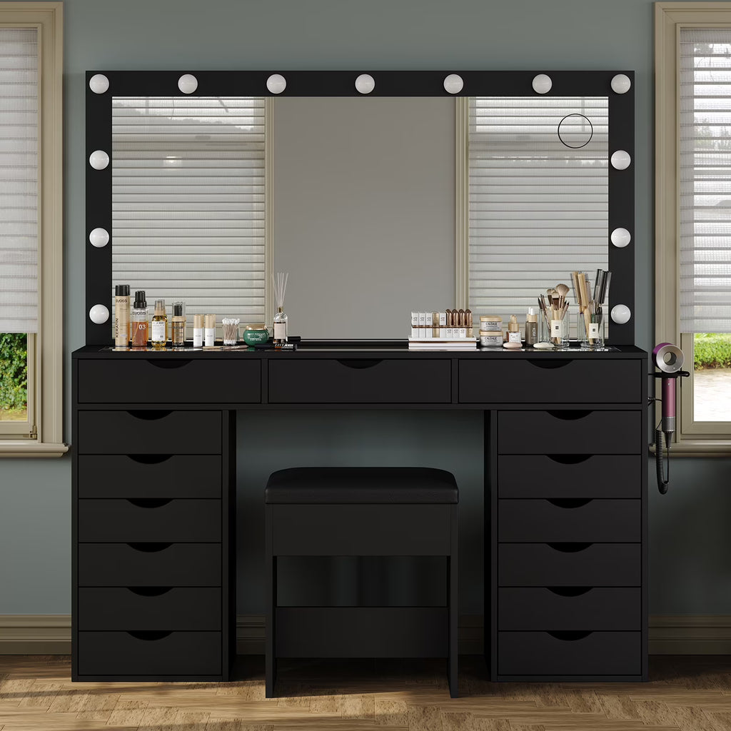 Nouveauté 2026 – Coiffeuse Yanosaku à 15 tiroirs avec prise électrique, miroir et 13 lumières LED, 3 modes d'éclairage de couleur, luminosité réglable, plateau en verre, ensemble coiffeuse pour chambre à coucher