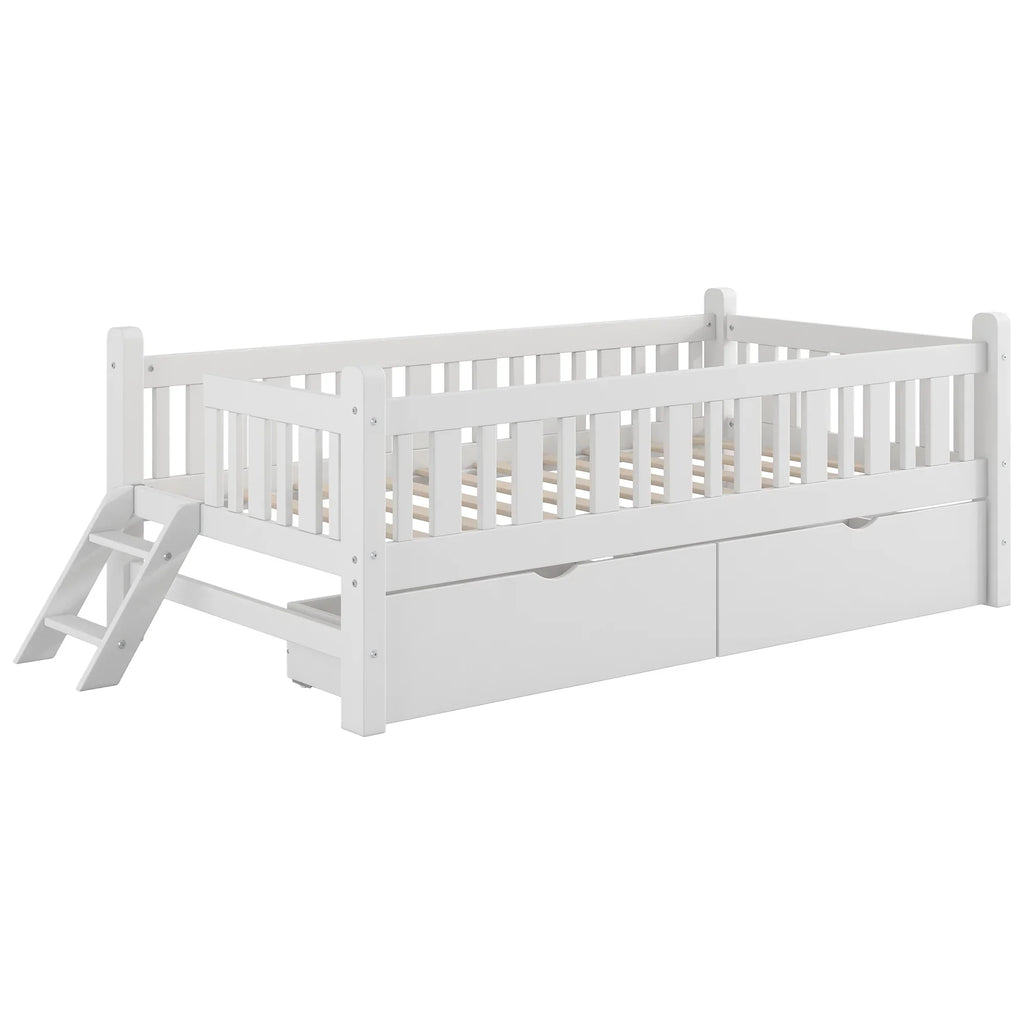 Nouveauté 2026 – Lit plateforme Euroco en bois, taille simple, avec 2 tiroirs et échelle, pour enfants et tout-petits, blanc
