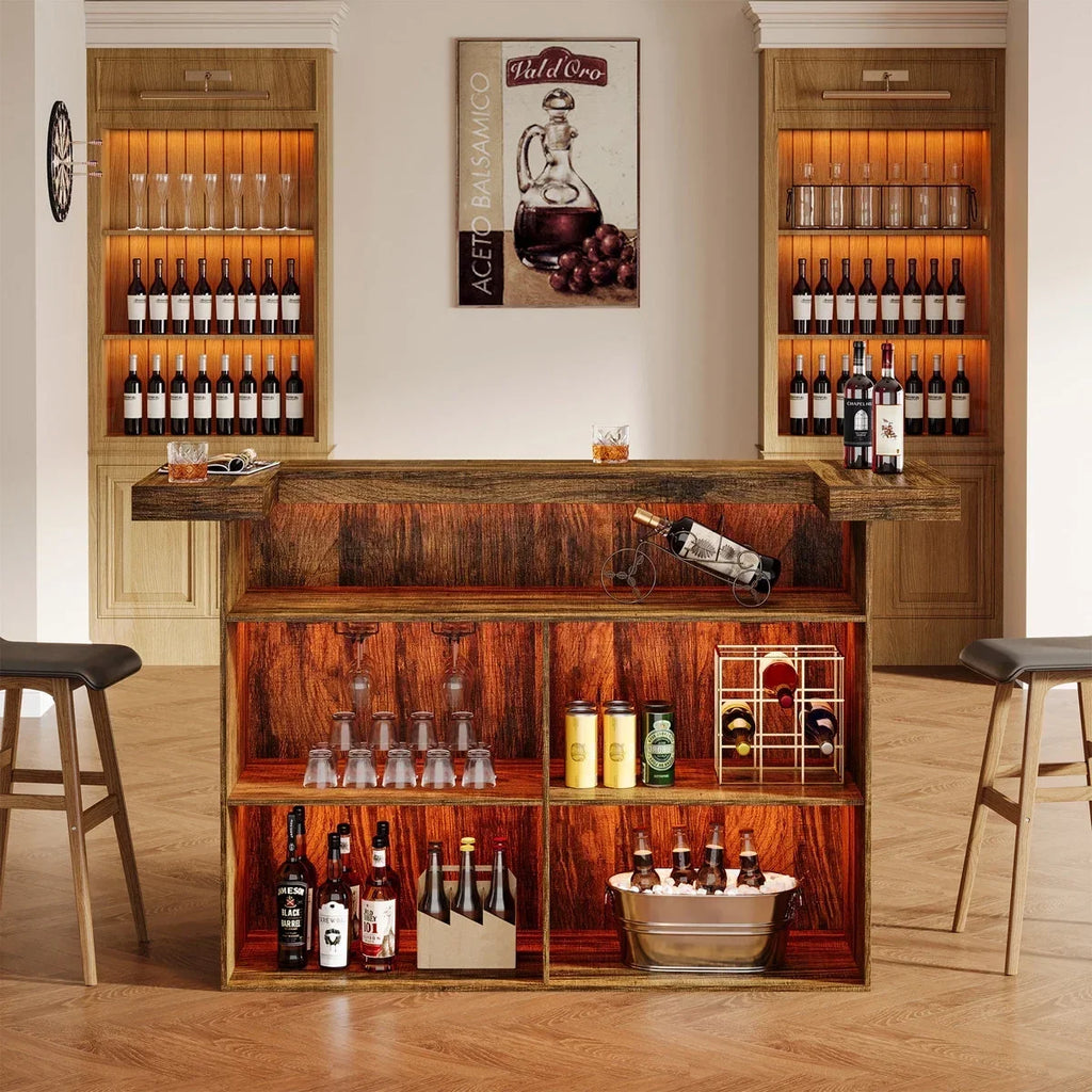 Nouveauté 2026 – Table de bar à 4 niveaux Tribesigns , grand meuble bar de 180 cm avec porte-verres à vin et repose-pieds noir, pour cuisine, salle à manger, salon, pub, marron rustique