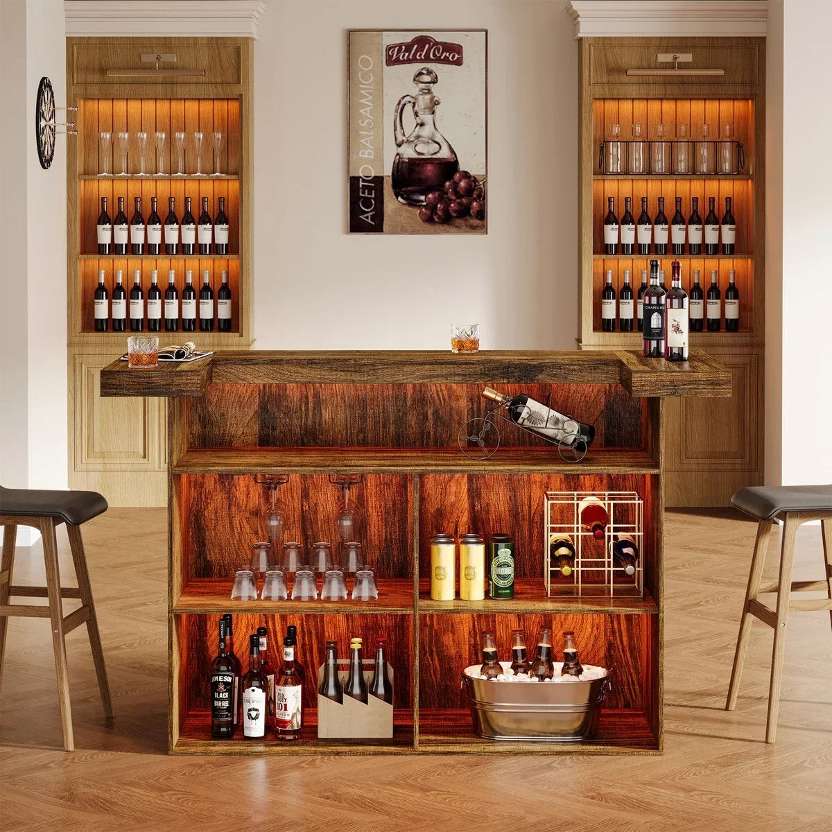 Nouveauté 2026 – Table de bar à 4 niveaux Tribesigns , grand meuble bar de 180 cm avec porte-verres à vin et repose-pieds noir, pour cuisine, salle à manger, salon, pub, marron rustique