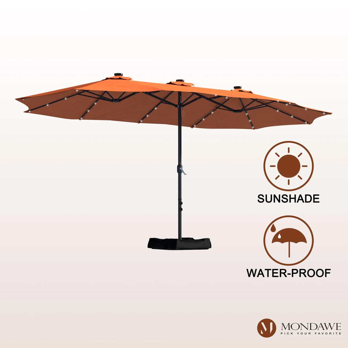 Nouveauté 2026 – Parasol rectangulaire Mondawe 4,57 m (15 pi) avec base et éclairage LED beige