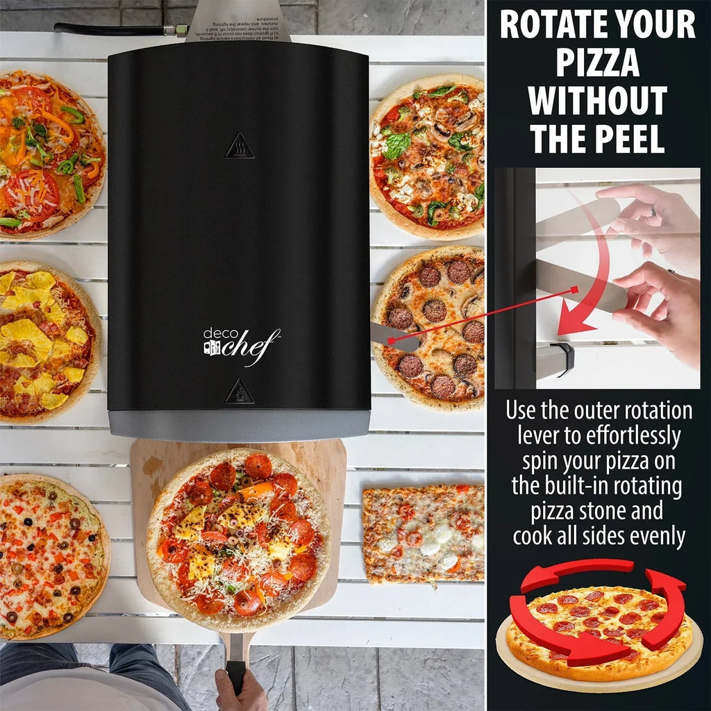 Nouveauté 2026 – Four à pizza à gaz d'extérieur Deco Chef , modèle pliable et portable, pierre de cuisson auto-rotative facile à utiliser, noir