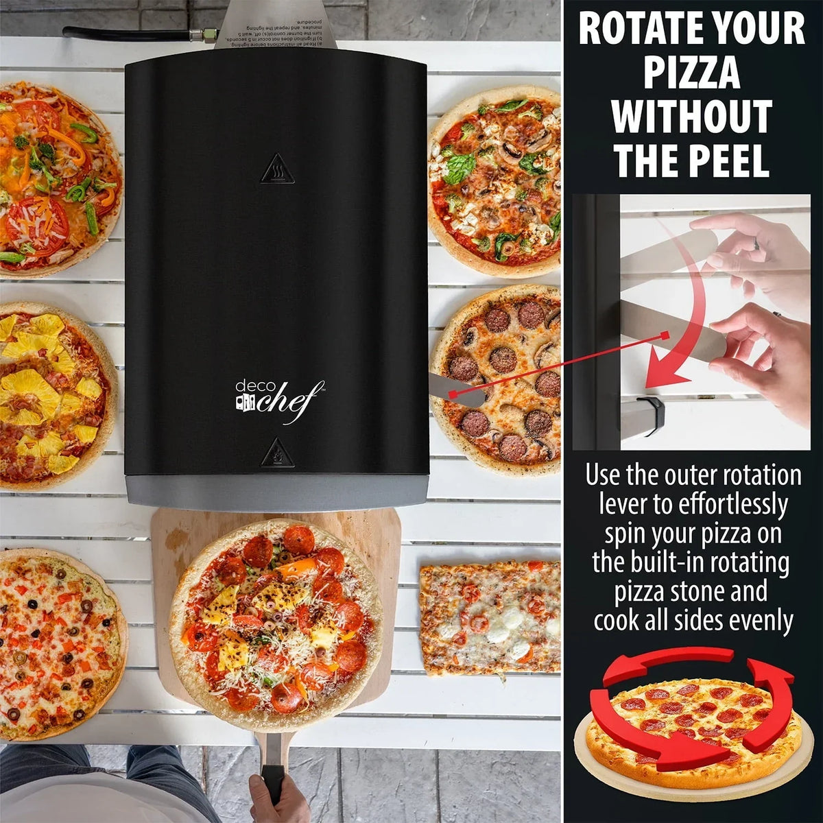 Nouveauté 2026 – Four à pizza à gaz d'extérieur Deco Chef , modèle pliable et portable, pierre de cuisson auto-rotative facile à utiliser, noir