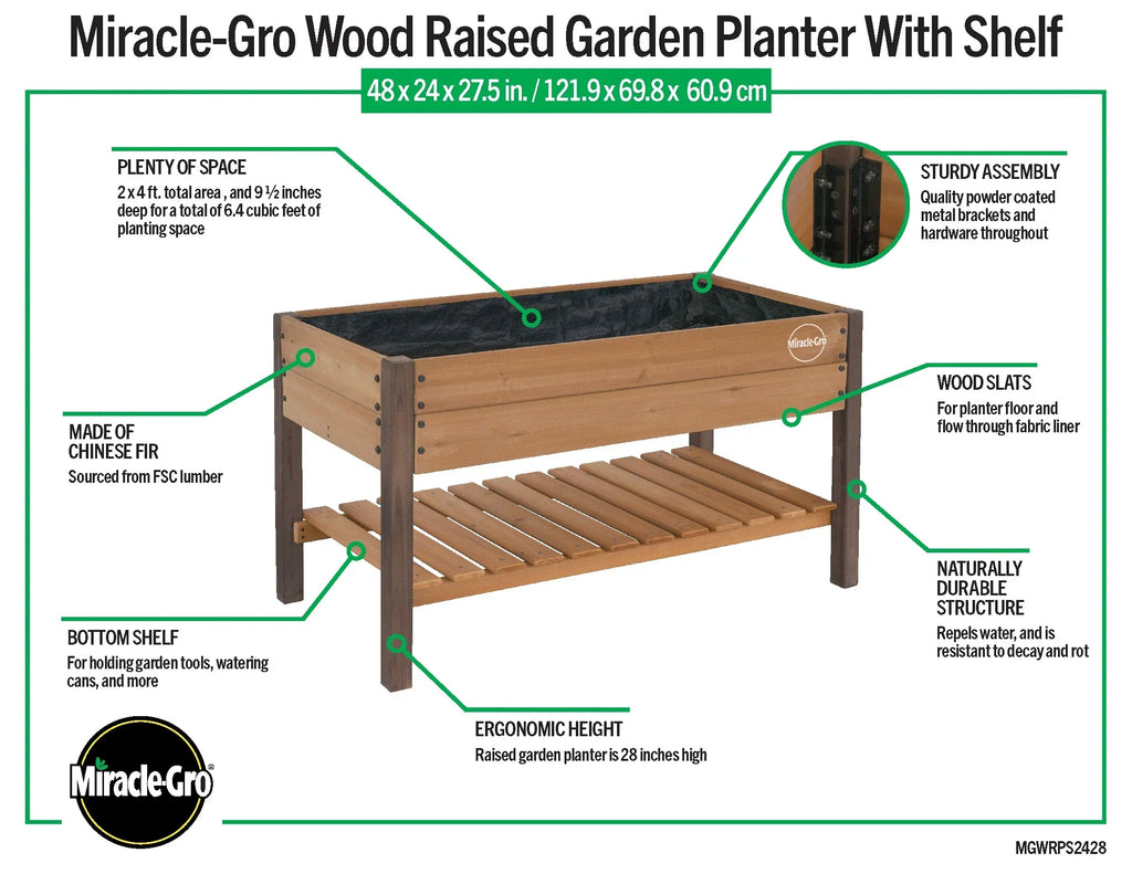 Nouveauté 2026 – Jardinière surélevée Miracle-Gro en bois de 60 x 120 cm avec étagère