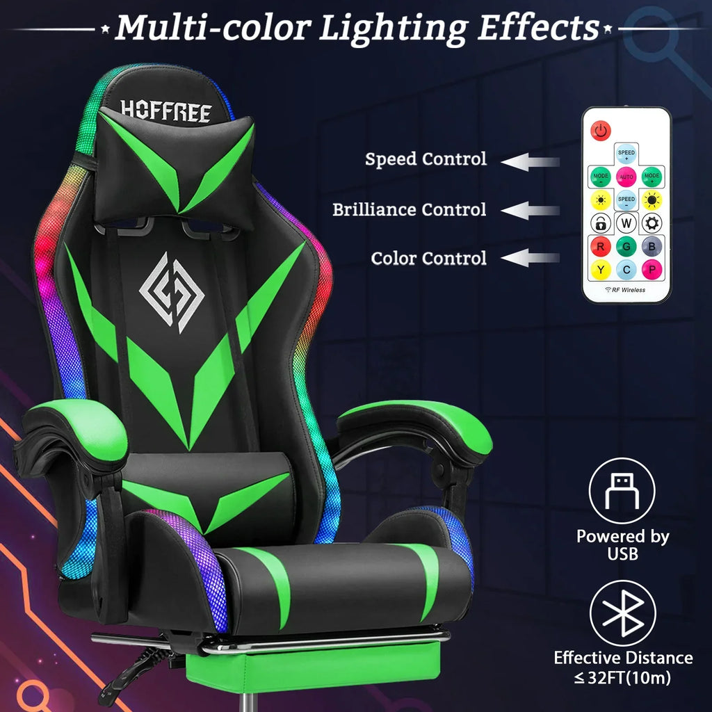 Nouveauté 2026 – Fauteuil de jeu Hoffree avec haut-parleurs intégrés, en cuir PU, repose-pieds et éclairage LED. Fauteuil ergonomique pour gamer avec massage, soutien lombaire et appui-tête pivotant et réglable. Idéal pour le télétravail et le bureau