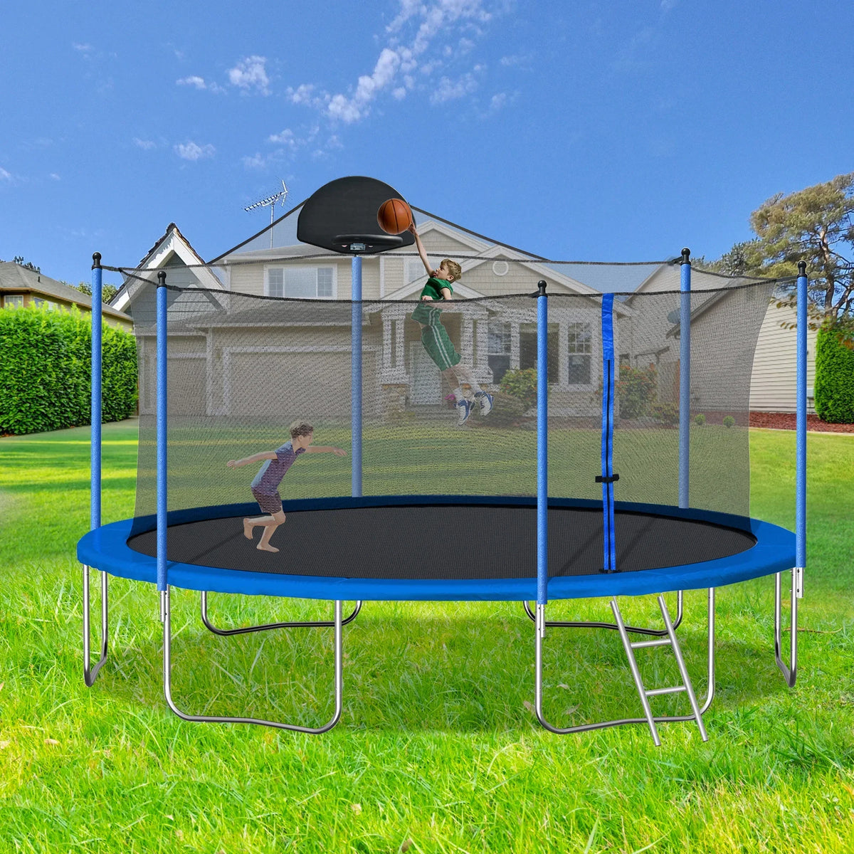 Nouveauté 2026 – Trampoline d'extérieur 4,27 m (14 pi) neuf de avec filet de sécurité, structure tubulaire en acier, échelle et filet de protection - Modèle robuste, bleu