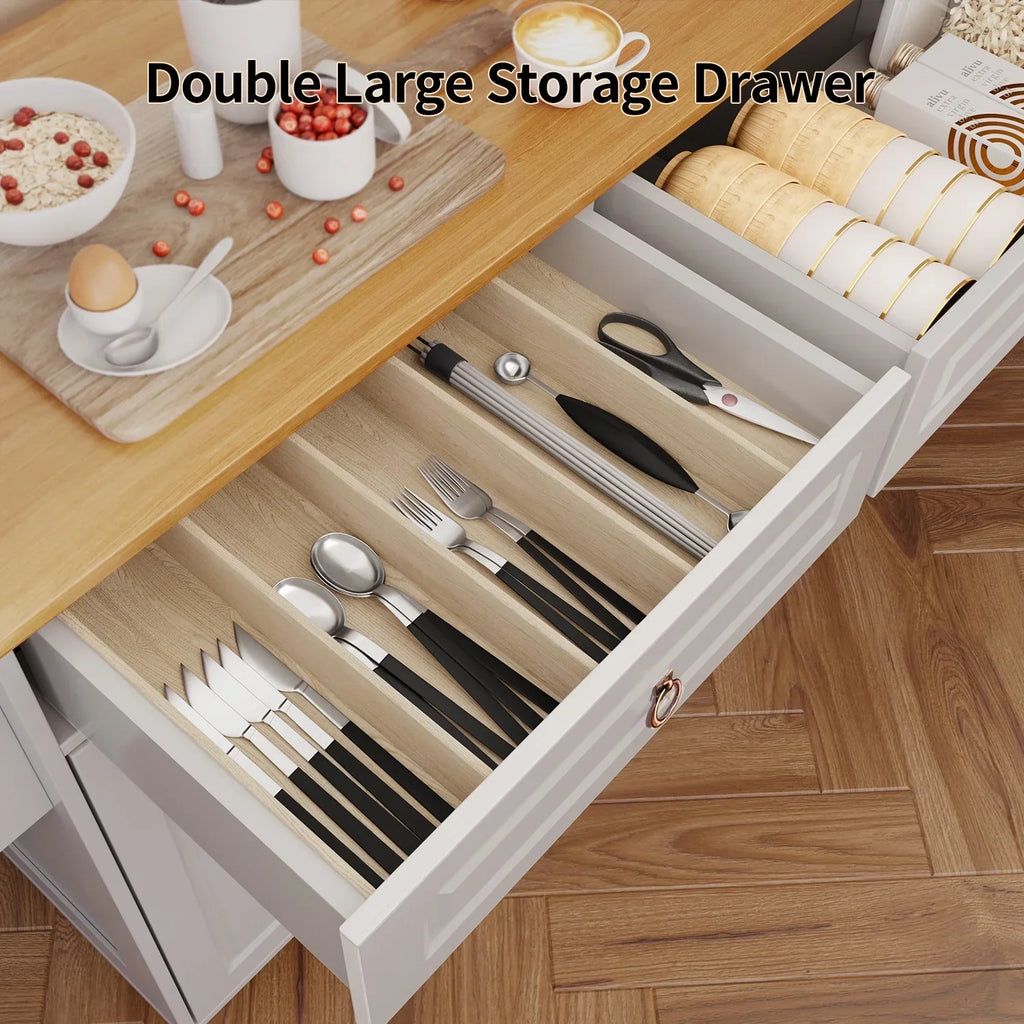 Nouveauté 2026 – Îlot de cuisine Lofka 52 pouces (132 cm) avec rangement sur roulettes et abattant en bois, idéal pour les petites cuisines