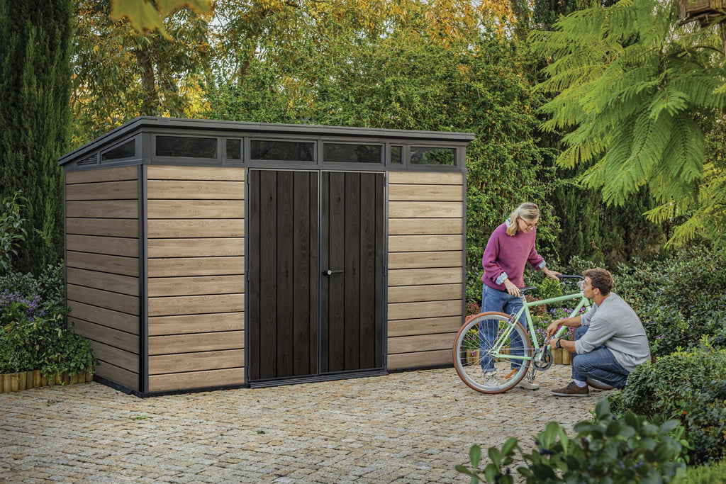 Nouveauté 2026 – Abri de jardin Keter Signature , 3,35 m x 2,13 m, en résine durable avec plancher renforcé et porte verrouillable, couleur noyer