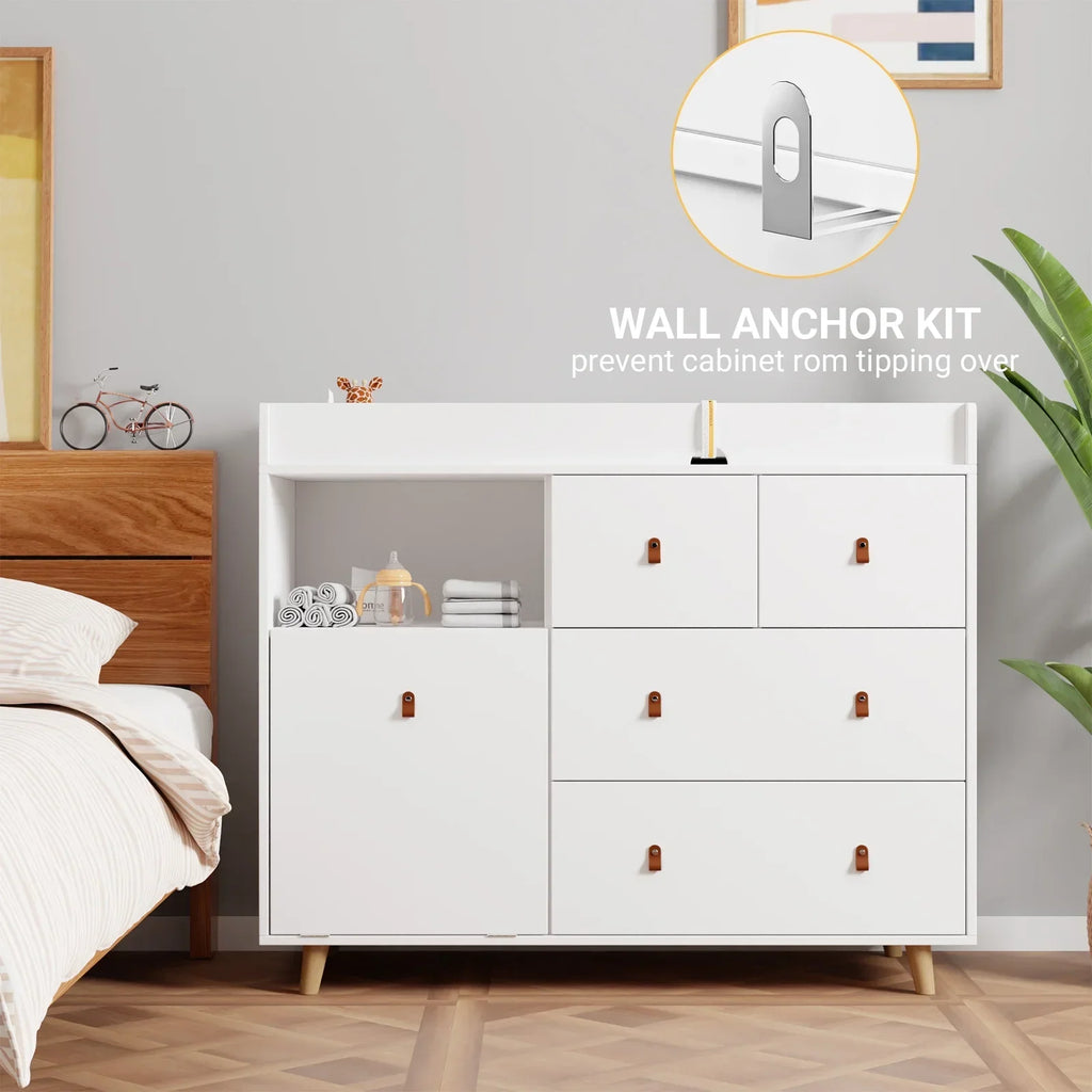 Nouveauté 2026 – Table à langer/commode pour chambre de bébé OXYLIFE , 114 cm (45 po), avec 4 tiroirs et une étagère, blanche