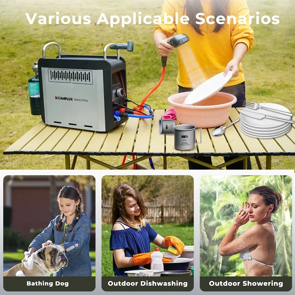Nouveauté 2026 – Chauffe-eau portable au propane CAMPLUX Nano 3 Pro avec batterie, eau chaude instantanée pour le camping et les activités de plein air
