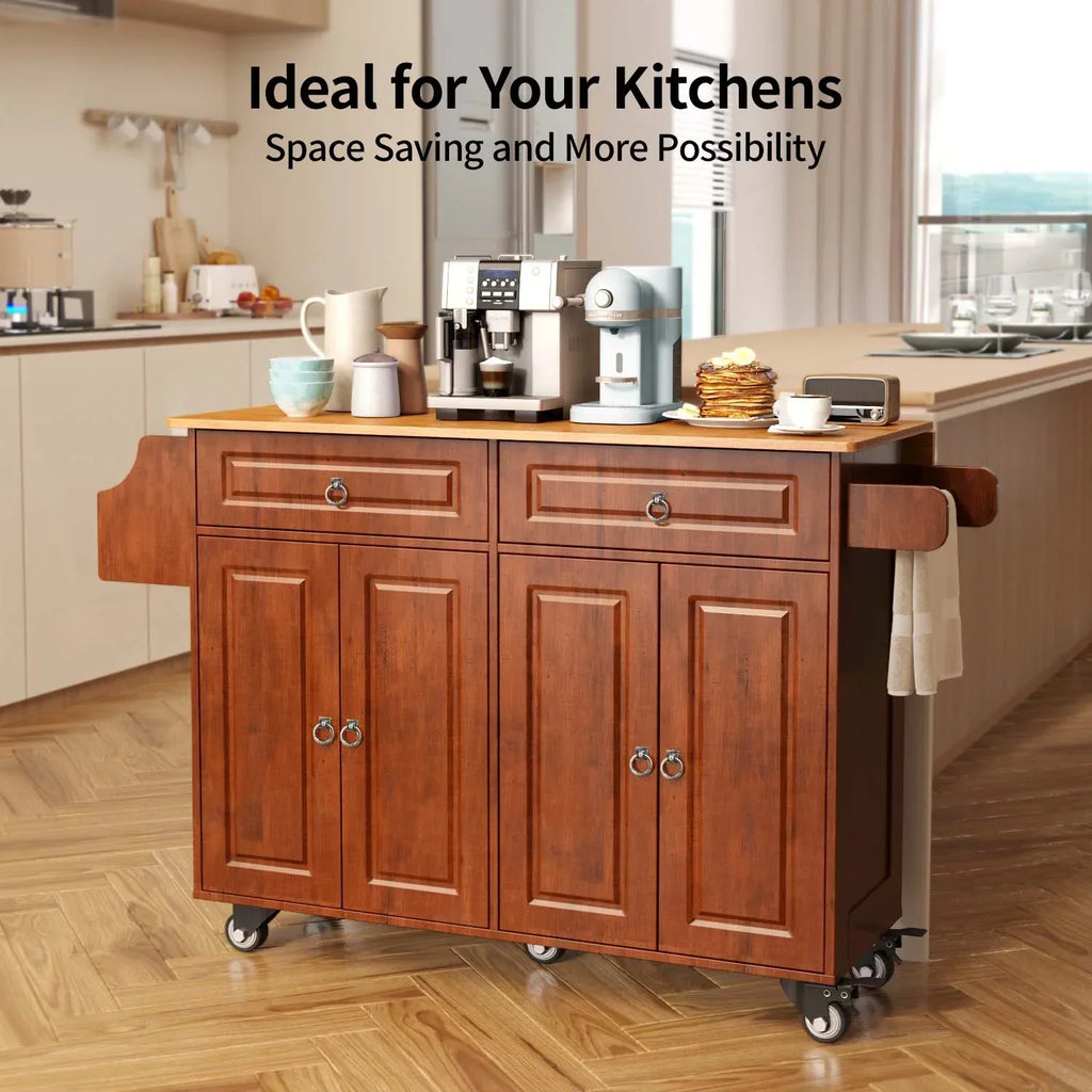 Nouveauté 2026 – Îlot de cuisine Lofka 52 pouces (132 cm) avec rangement sur roulettes et abattant en bois, idéal pour les petites cuisines