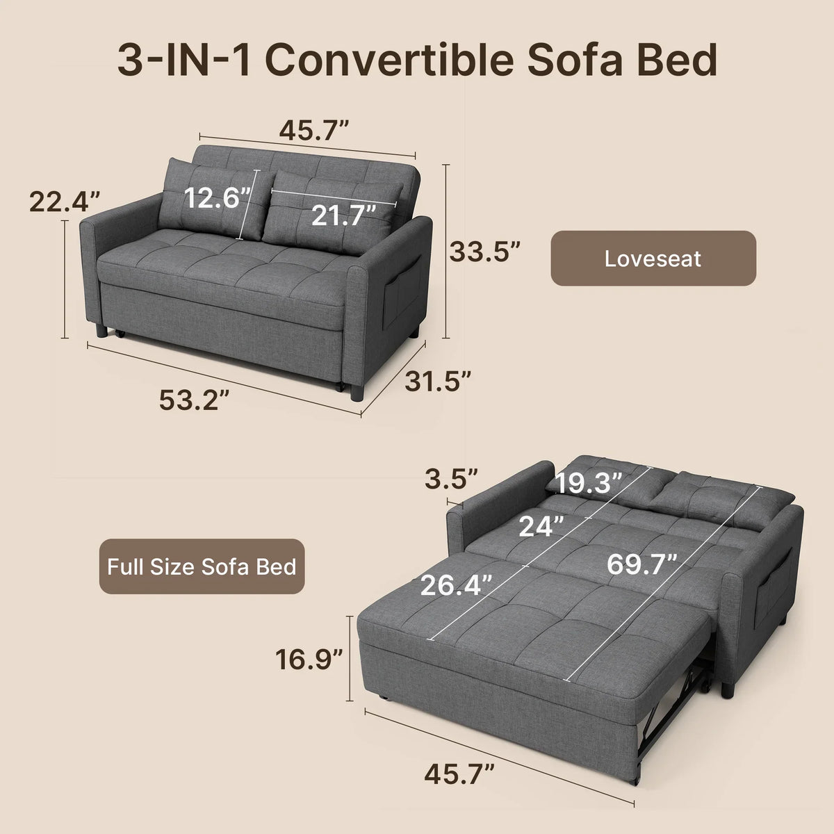 Nouveauté 2026 – Canapé-lit convertible 3 en 1 Lofka avec rangement, dossier réglable et fonction gigogne - Fauteuil-lit idéal pour les petits espaces et les appartements, gris foncé