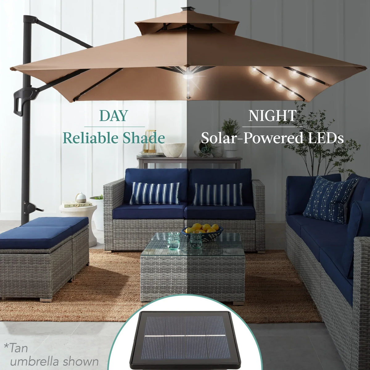 Nouveauté 2026 – Parasol de terrasse carré déporté à deux niveaux, 3 x 3 m, à éclairage solaire LED, avec base incluse (Best Choice Products, ) - Beige