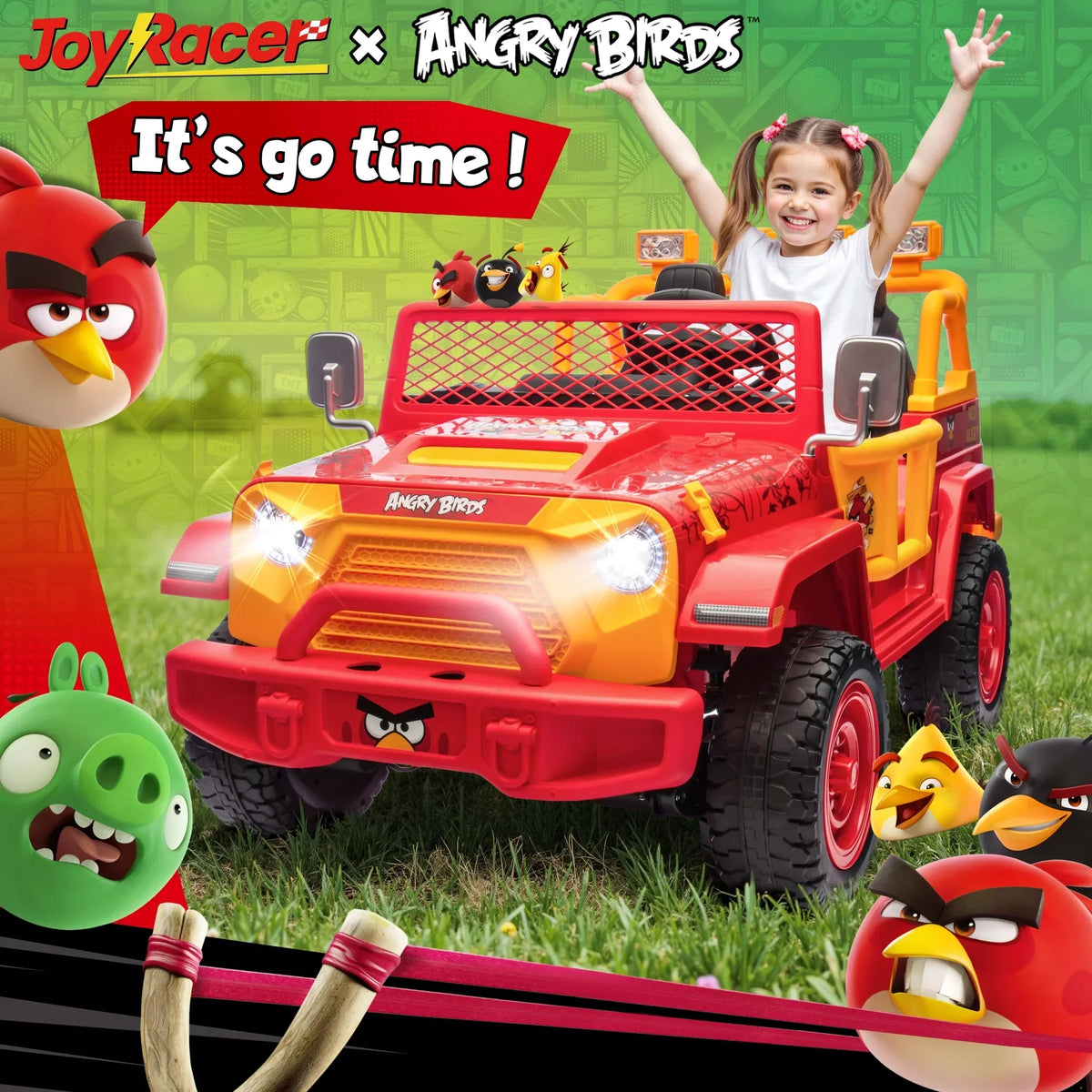Nouveauté 2026 – Joyracer , véhicule électrique 24 volts pour enfants de 3 à 8 ans, sous licence Angry Birds, avec télécommande, pelle, Bluetooth, phares et roues motorisées. Convient aux enfants jusqu'à 60 kg (130 lbs). Couleur verte