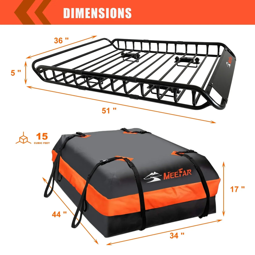 Nouveauté 2026 – Ensemble de barres de toit universelles MeeFar : panier de toit en acier (51 po x 36 po x 5 po) + sac de chargement souple et étanche (15 pi³ - 44 po x 34 po x 17 po