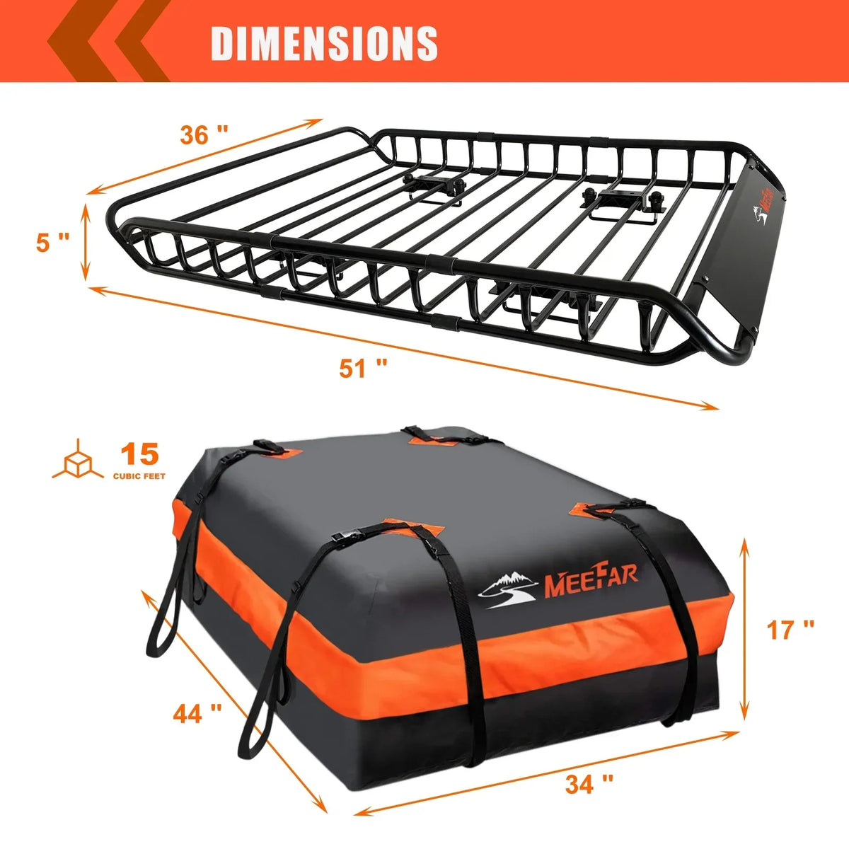 Nouveauté 2026 – Ensemble de barres de toit universelles MeeFar : panier de toit en acier (51 po x 36 po x 5 po) + sac de chargement souple et étanche (15 pi³ - 44 po x 34 po x 17 po