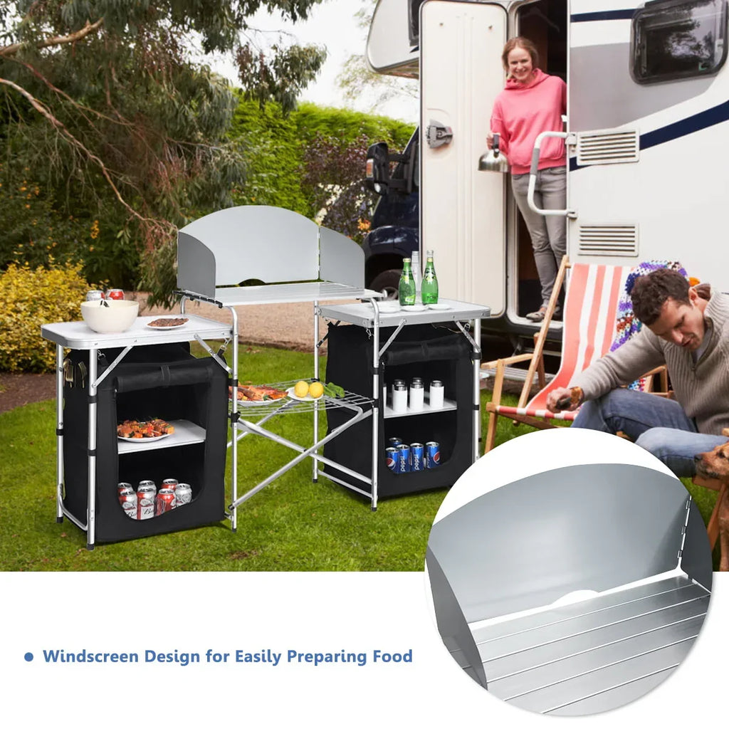 Nouveauté 2026 – Table de barbecue pliante et portable en aluminium Goplus avec rangement et pare-vent, noire