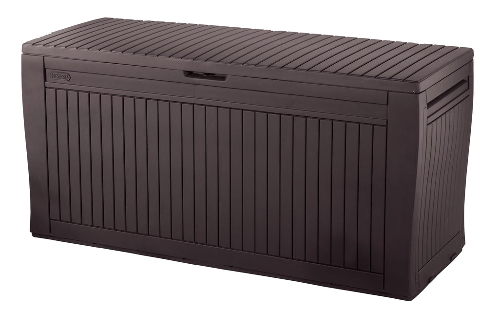 Nouveauté 2026 – Coffre de rangement extérieur Keter Comfy , 71 gallons, en résine, marron expresso
