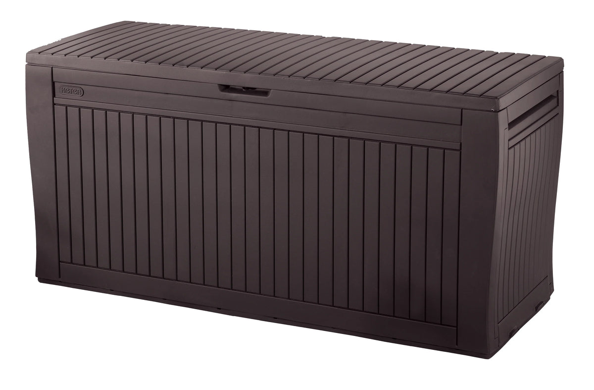 Nouveauté 2026 – Coffre de rangement extérieur Keter Comfy , 71 gallons, en résine, marron expresso