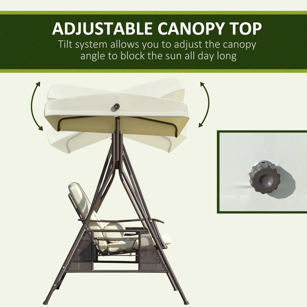 Nouveauté 2026 – Balancelle de patio Outsunny 2 places pour 2 personnes avec auvent réglable, coussins moelleux, coussins décoratifs et plateau, beige