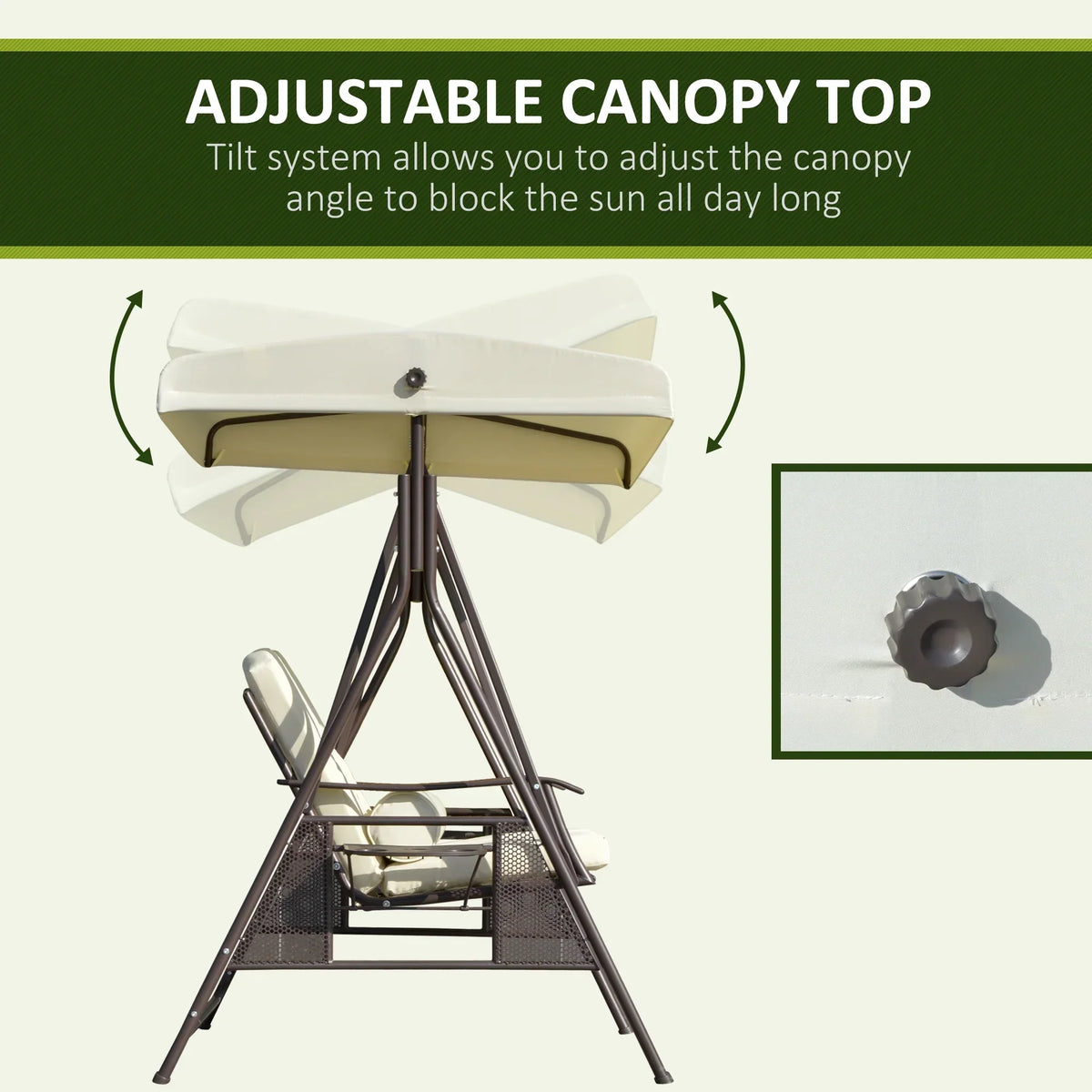 Nouveauté 2026 – Balancelle de patio Outsunny 2 places pour 2 personnes avec auvent réglable, coussins moelleux, coussins décoratifs et plateau, beige