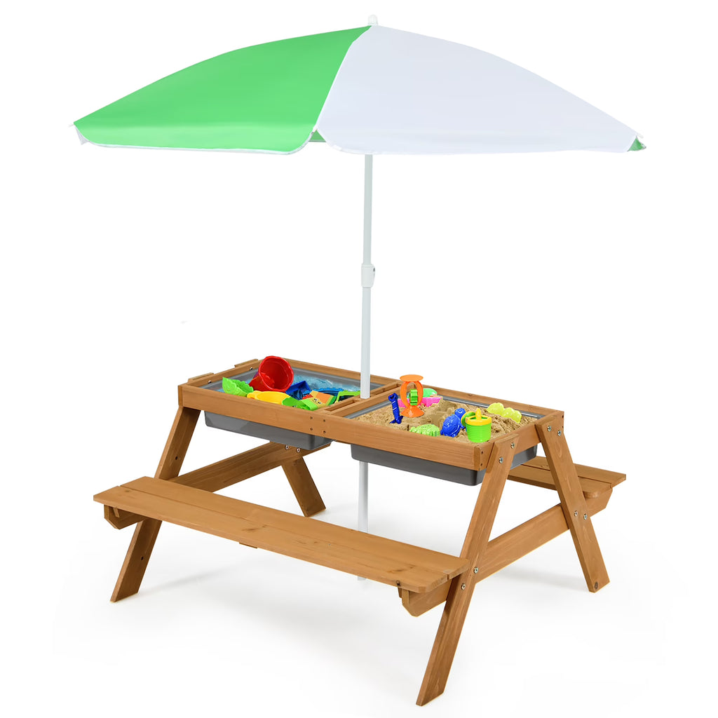 Nouveauté 2026 – Table de pique-nique 3 en 1 pour enfants Costway , en bois, avec bacs à sable et à eau, parasol et autres jeux, verte