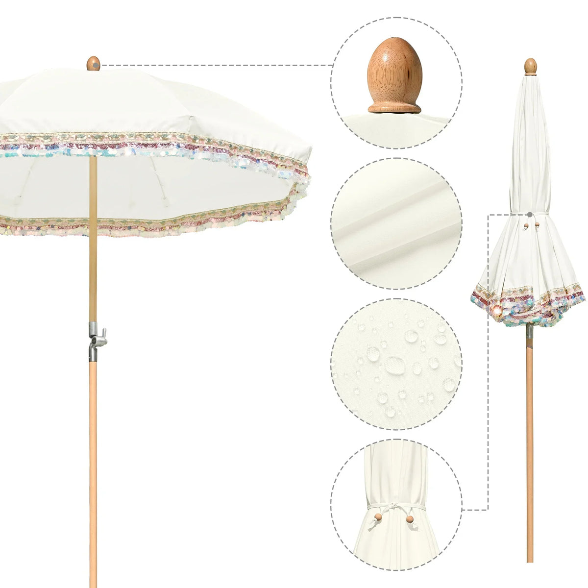 Nouveauté 2026 – Parasol de terrasse LAGarden de 1,8 m à franges et pompon, style Jazz Age, en bois, protection UPF50+, beige avec pompon doré, modèle : JZ6-01