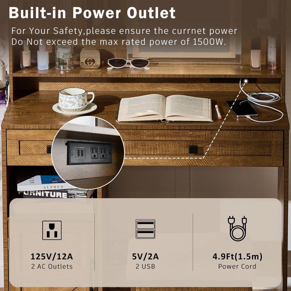 Nouveauté 2026 – Coiffeuse Farmhouse avec miroir et éclairage, ensemble coiffeuse avec station de charge et tabouret, tiroirs, étagères et armoire latérale, blanc