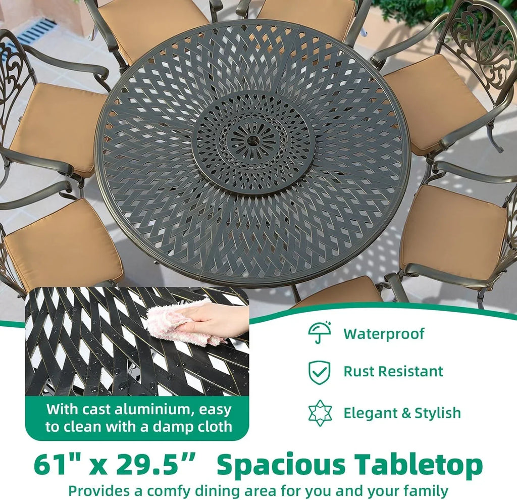 Nouveauté 2026 – Table de salle à manger d'extérieur VIVIJASON , 155 cm (61 po), pour 6 à 8 personnes, grande table ronde avec plateau tournant de 61 cm (24 po), en aluminium moulé bronze foncé au style rustique, avec trou pour parasol, idéale pour b