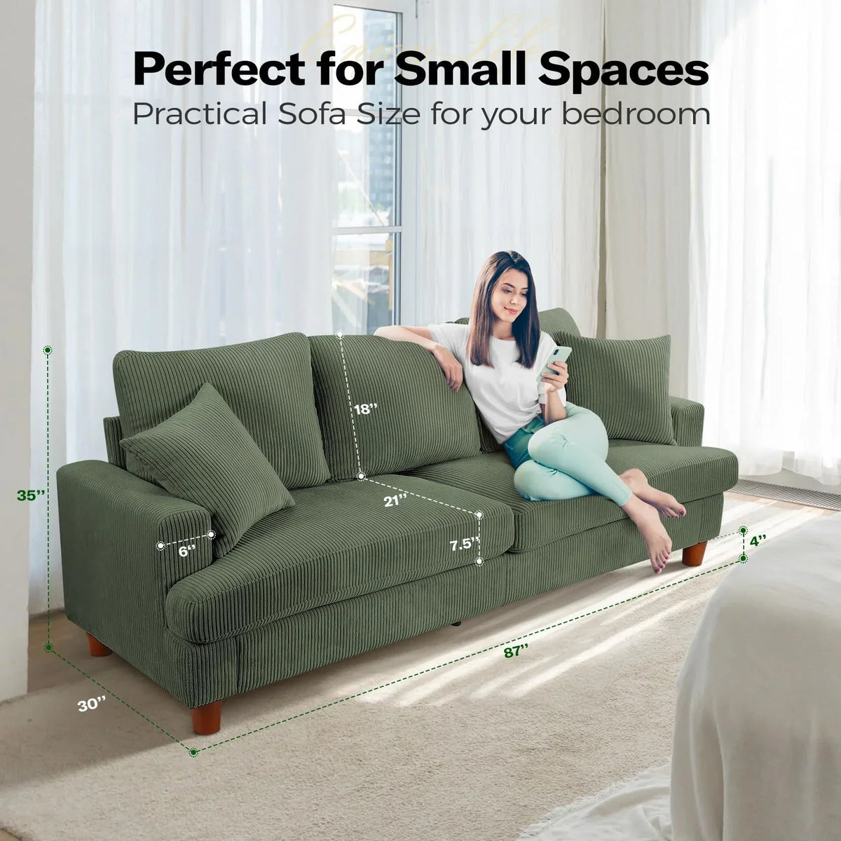 Nouveauté 2026 – Canapé 3 places en velours côtelé 221 cm (87 pouces), avec assises extra profondes, confortable et rembourré, idéal pour le salon. Comprend 2 coussins et est disponible en vert