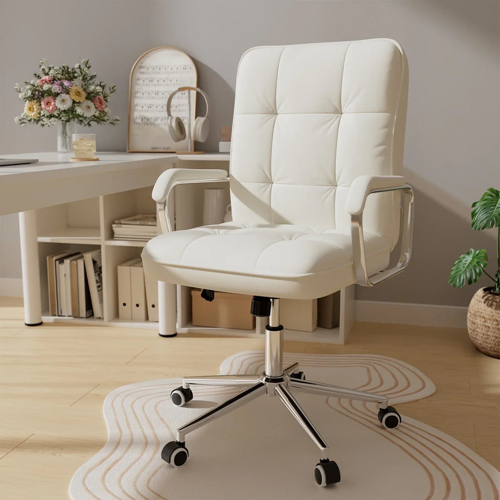 Nouveauté 2026 – Fauteuil de bureau Solfway blanc , fauteuil de bureau pivotant en cuir avec roulettes et accoudoirs rembourrés, fauteuil de direction pour adultes