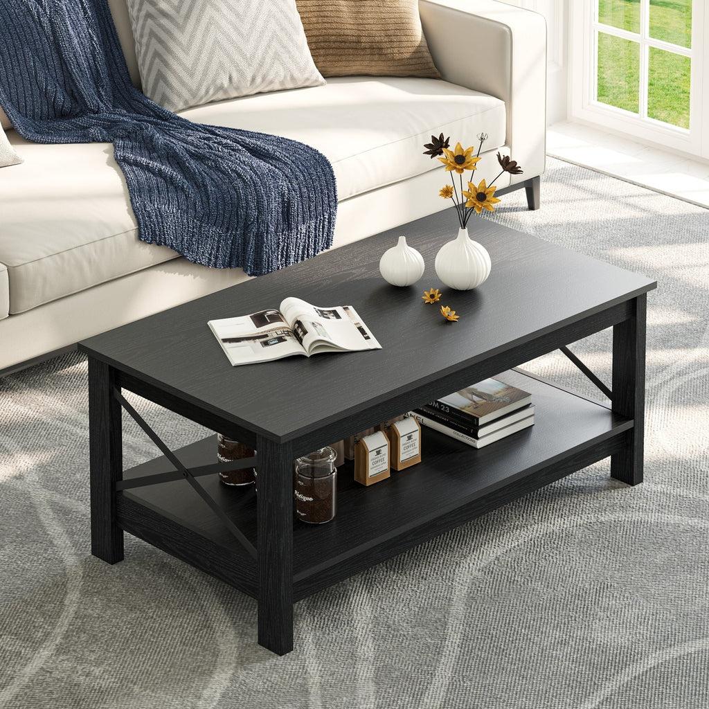 Nouveauté 2026 – Table basse Moasis Farmhouse avec rangement, table centrale à 2 niveaux pour salon, plateau gris délavé et blanc