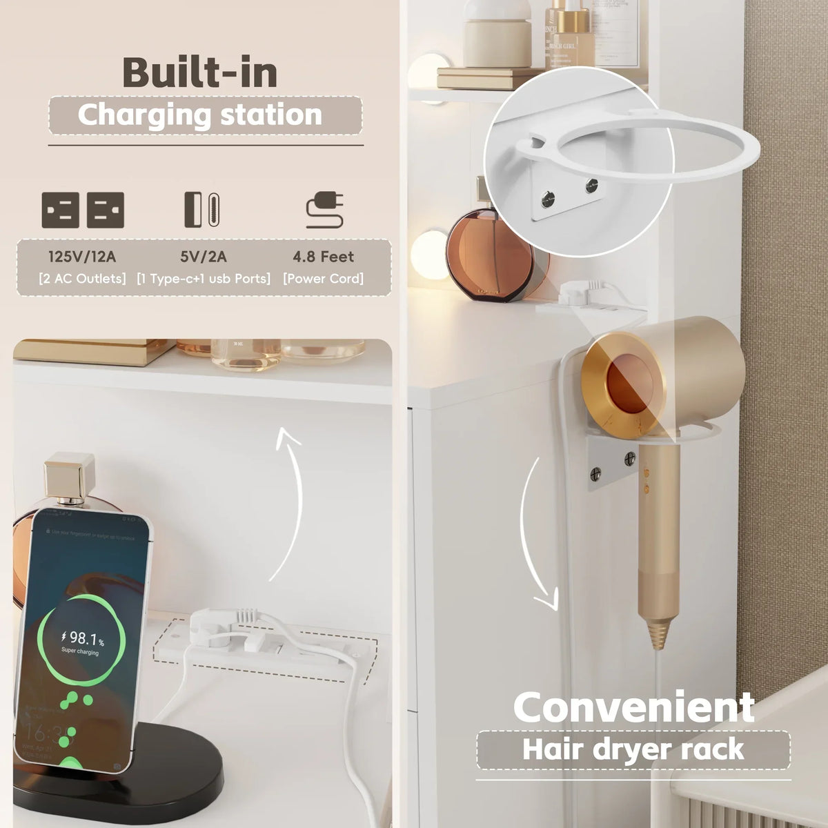 Nouveauté 2026 – Coiffeuse Lacoo avec miroir et éclairage LED, meuble de maquillage avec 7 tiroirs et 4 étagères, table de toilette avec prise électrique pour chambre ou dressing, blanche