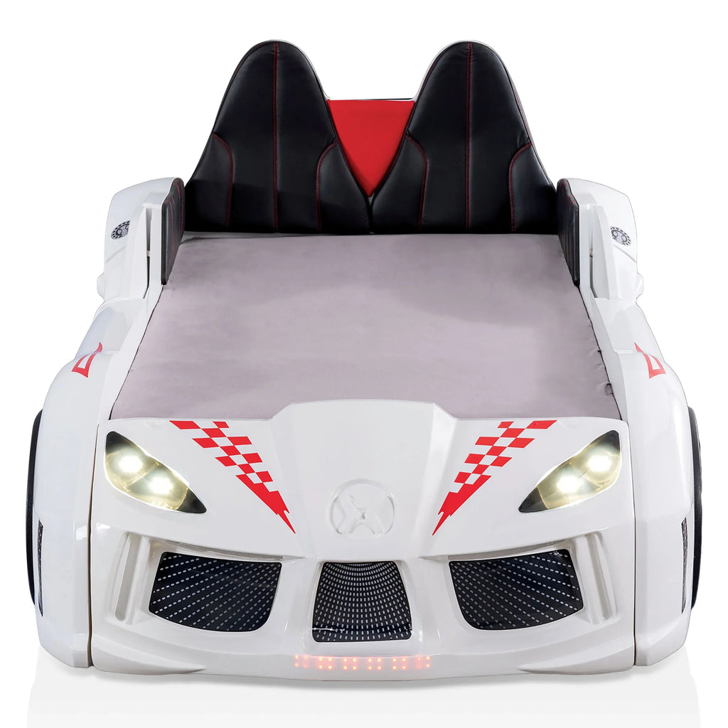 Nouveauté 2026 – Lit double en plastique pour enfants Dash Kids, motif voiture de course, avec LED et son, blanc, Furniture of America