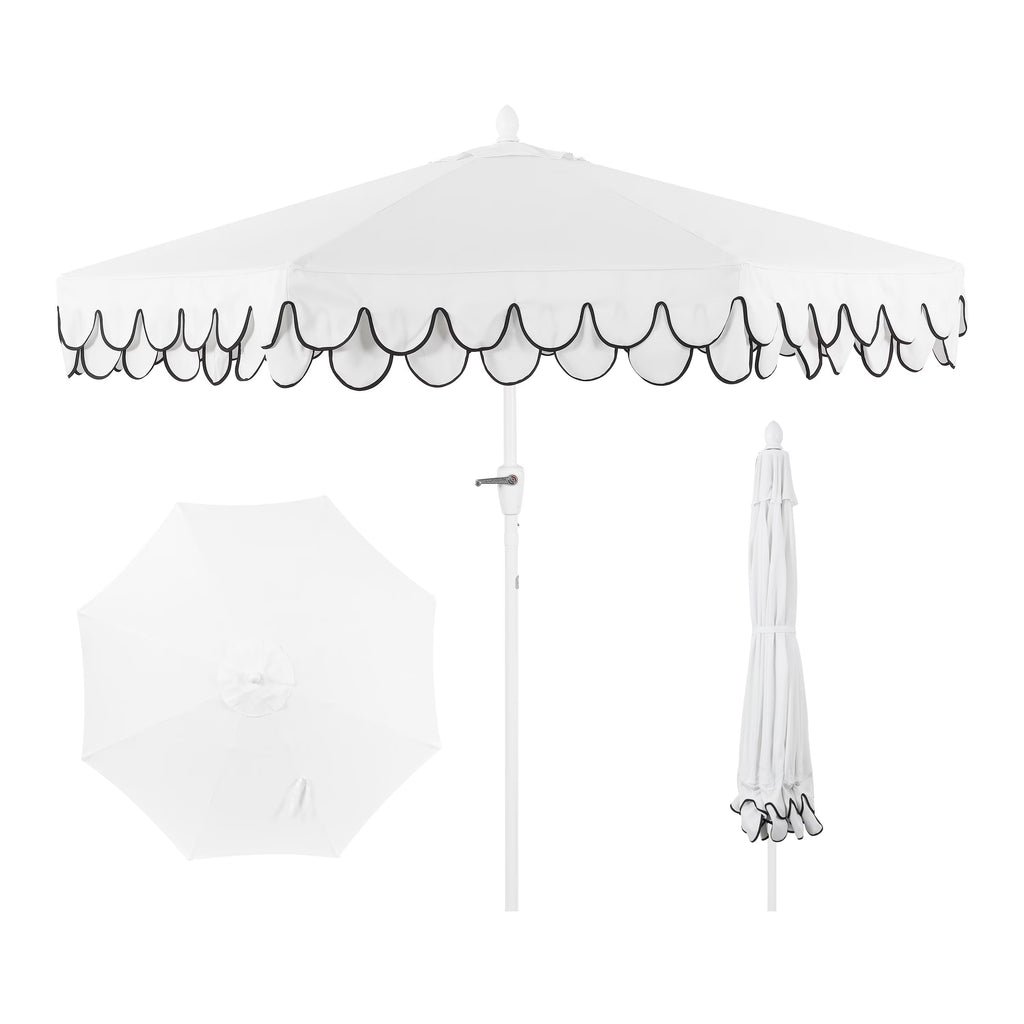 Nouveauté 2026 – Parasol de marché JONATHAN Y Tracy 2,74 m (9 pi), style classique milieu du siècle, franges festonnées, manivelle d'inclinaison automatique, aération et protection UV, rose corail/blanc, mât marron foncé