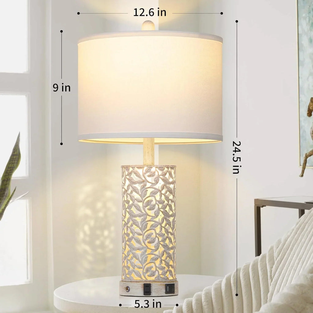 Nouveauté 2026 – Ensemble de 2 lampes de table Cinkeda pour salon et chambre à coucher, avec ports USB, prise secteur, intensité réglable à 3 niveaux, veilleuse tactile, style champêtre, motif floral blanc, lampes de chevet