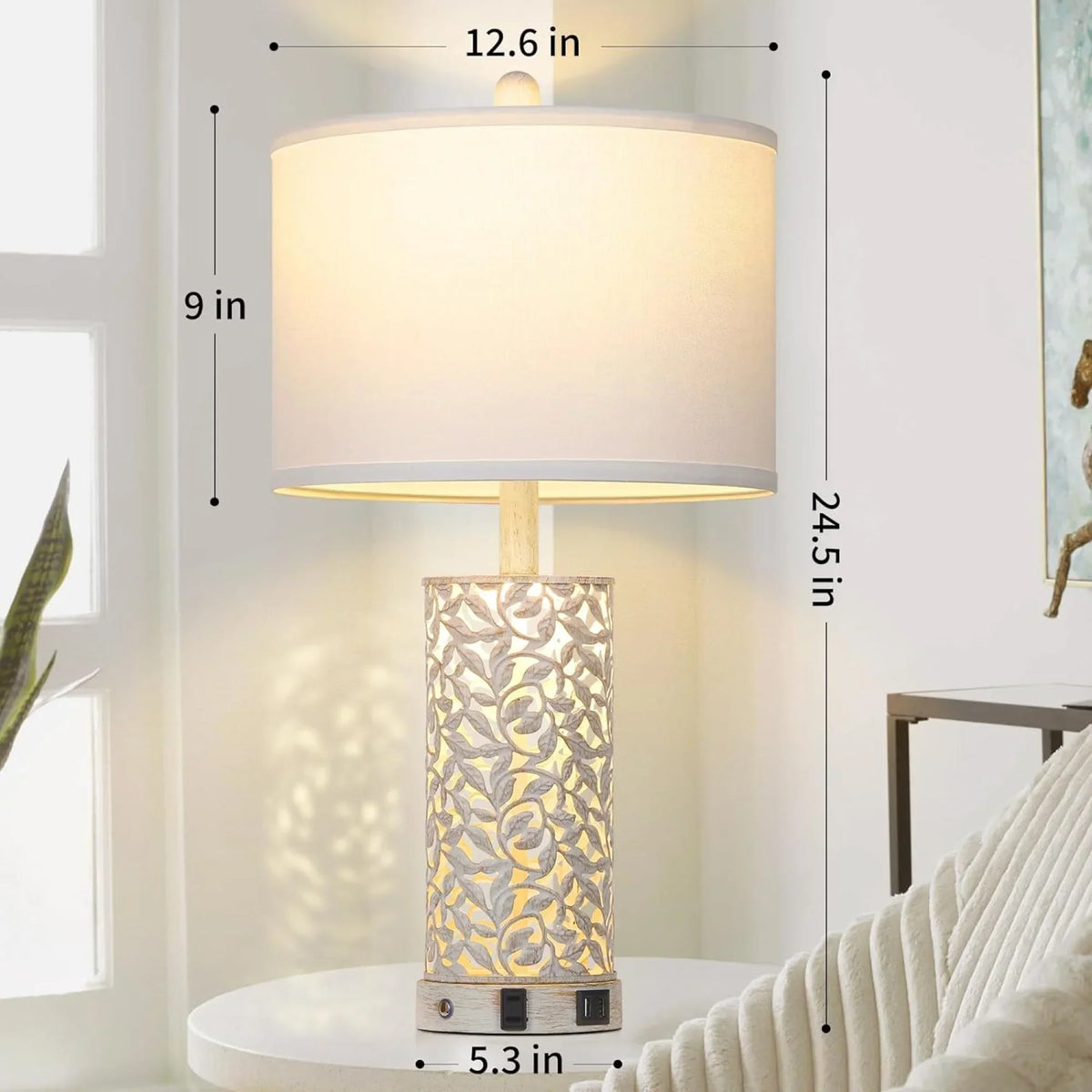 Nouveauté 2026 – Ensemble de 2 lampes de table Cinkeda pour salon et chambre à coucher, avec ports USB, prise secteur, intensité réglable à 3 niveaux, veilleuse tactile, style champêtre, motif floral blanc, lampes de chevet